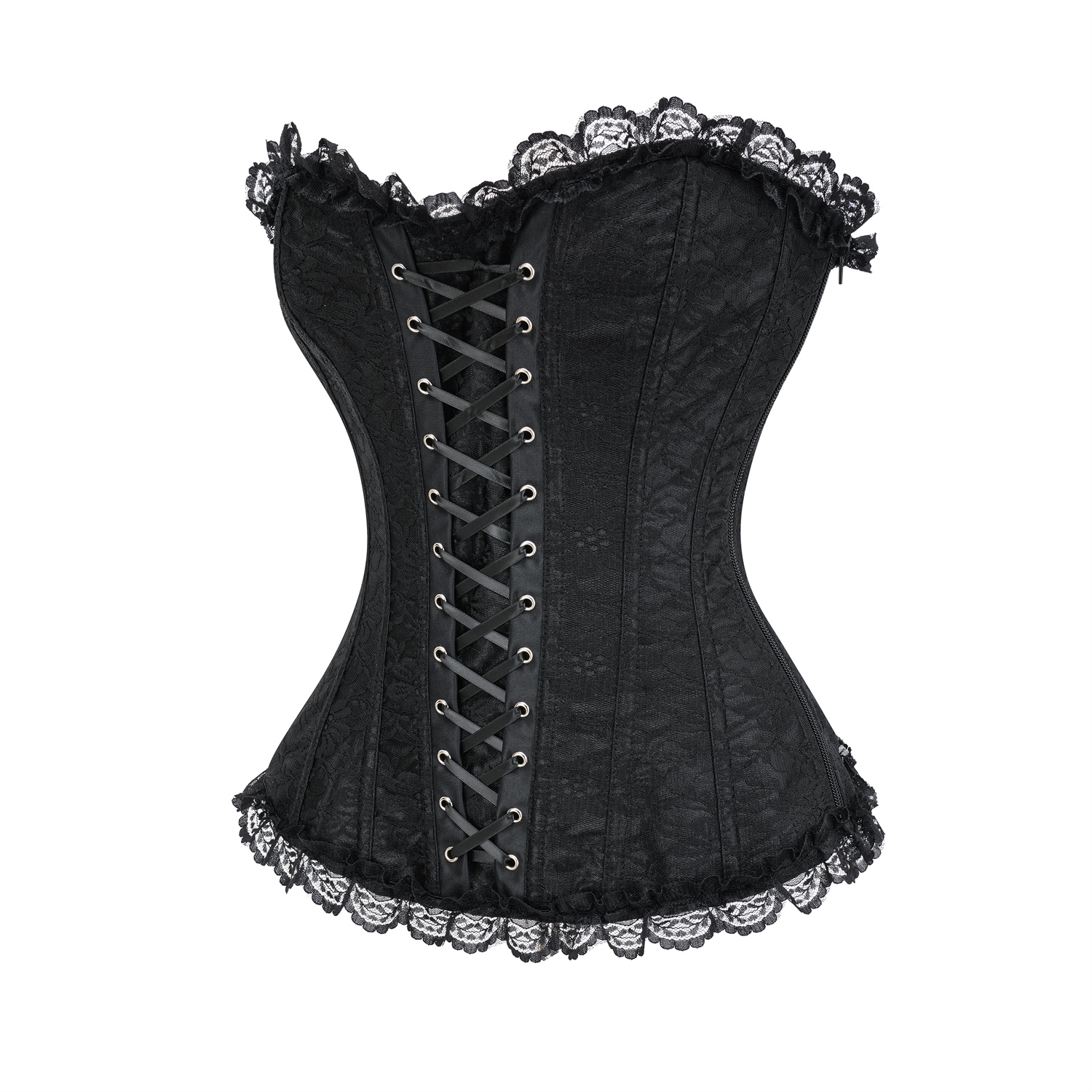 Womens Gothic Lace-Up Overbust Corset with Floral Jacquard and Lace Trim